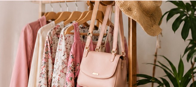 Ropa y carteras en una boutique de tonos suaves